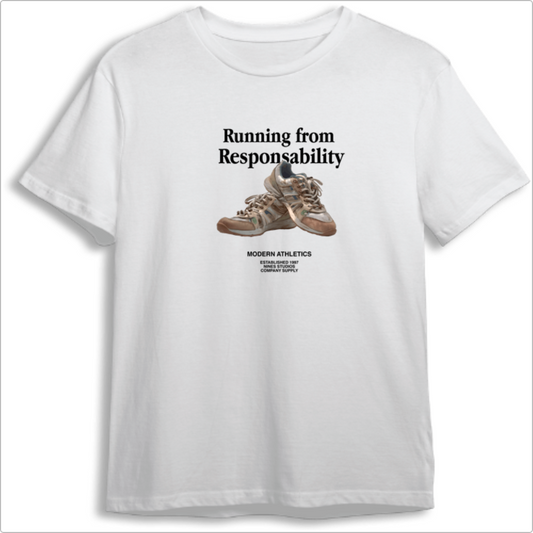 Camiseta com estampa frontal de tênis vintage, acompanhada do texto "Running from Responsibility" e "Modern Athletics" com detalhes de fundação.
