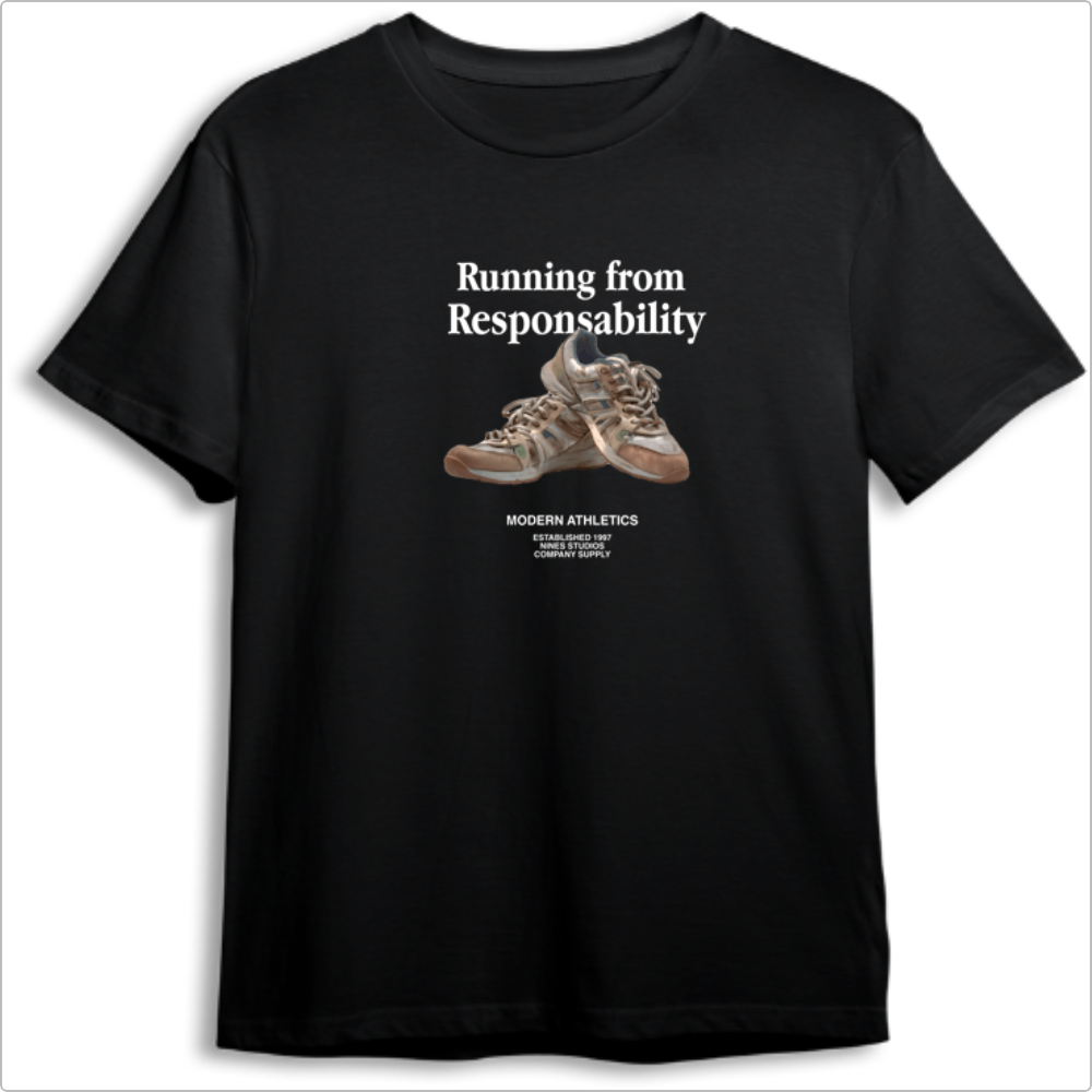 Camiseta com estampa frontal de tênis vintage, acompanhada do texto "Running from Responsibility" e "Modern Athletics" com detalhes de fundação.