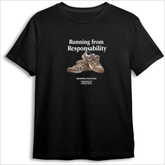 Camiseta com estampa frontal de tênis vintage, acompanhada do texto "Running from Responsibility" e "Modern Athletics" com detalhes de fundação.