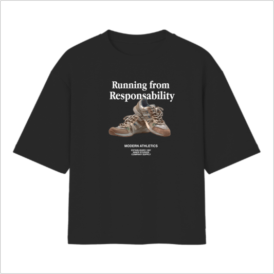 Camiseta com estampa frontal de tênis esportivos sobrepostos e frase "Running from Responsibility", acompanhada por texto "Modern Athletics" em fonte menor.