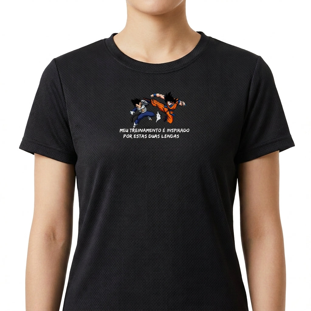 "Meu Treino é inspirado por estas duas lendas Vegeta e Goku Dragon Ball - Camiseta DryFit Premium Unissex" Camiseta Regular Poliamida UV