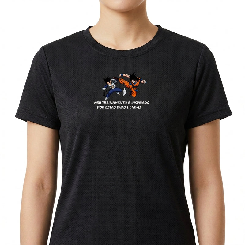 "Meu Treino é inspirado por estas duas lendas Vegeta e Goku Dragon Ball - Camiseta DryFit Premium Unissex" Camiseta Regular Poliamida UV