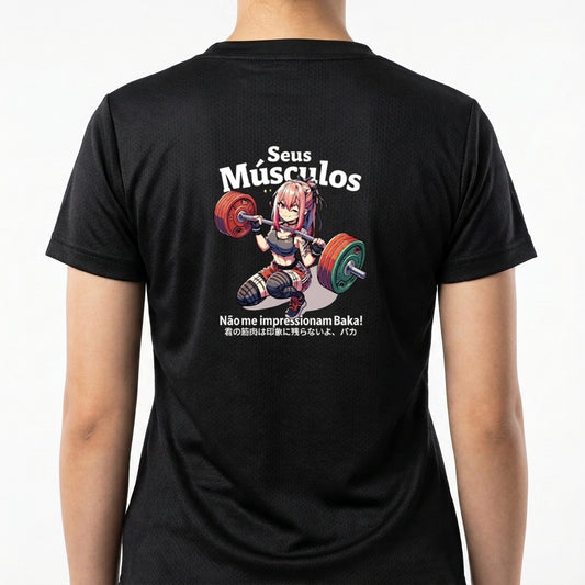 "Seus Músculos não me impressionam Baka! Divertido meme - Camiseta DryFit Premium Unissex" Camiseta Regular Poliamida UV