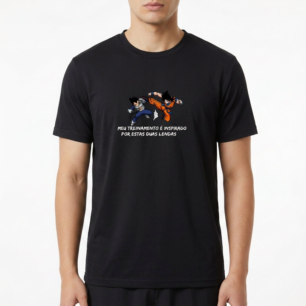 "Meu Treino é inspirado por estas duas lendas Vegeta e Goku Dragon Ball - Camiseta DryFit Premium Unissex" Camiseta Regular Poliamida UV