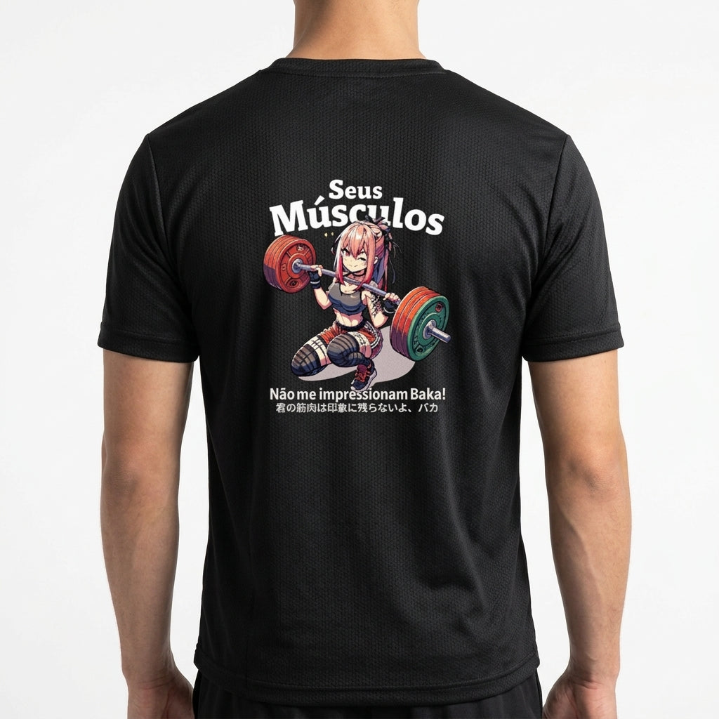 "Seus Músculos não me impressionam Baka! Divertido meme - Camiseta DryFit Premium Unissex" Camiseta Regular Poliamida UV