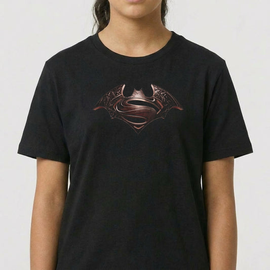 Camiseta com estampa frontal de um emblema estilizado que combina elementos de morcego e escudo, detalhado com nuances metálicas e textura intricada.