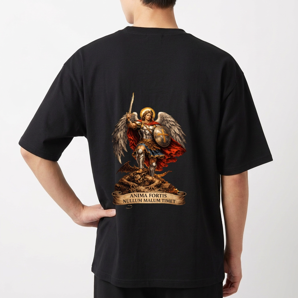 Camiseta com estampa frontal de letras estilizadas "PK" e estampa traseira de figura angelical armada sobre rochas, com frase latina em faixa abaixo.