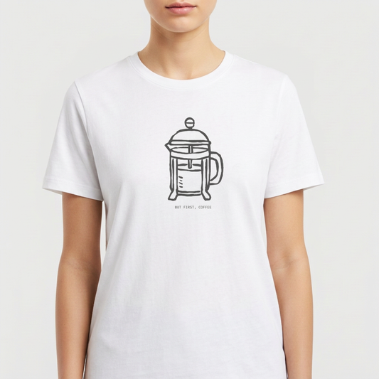 "But First Coffee" Camiseta Premium Unissex
