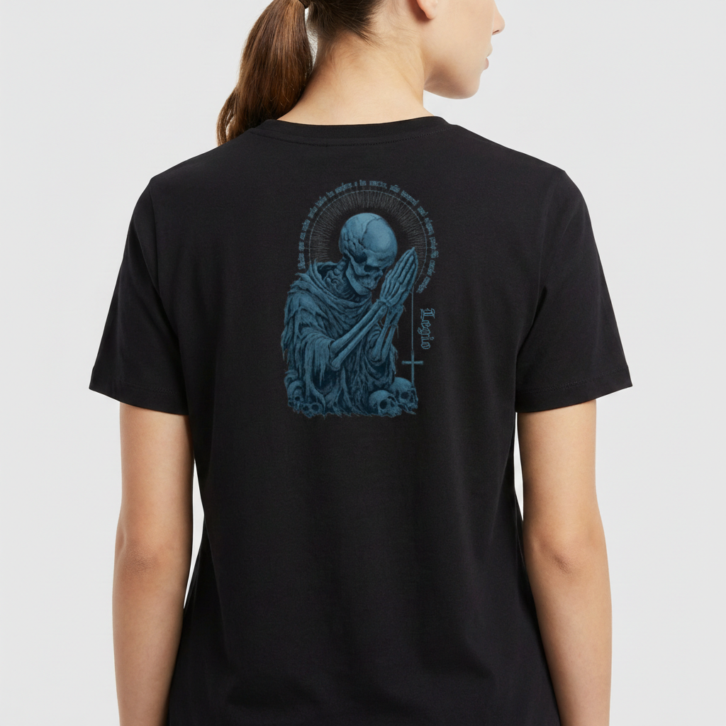 Camiseta com estampa frontal de uma pequena cruz acima da palavra "Legio" e estampa traseira de esqueleto orando com caveiras ao redor e inscrição circular.