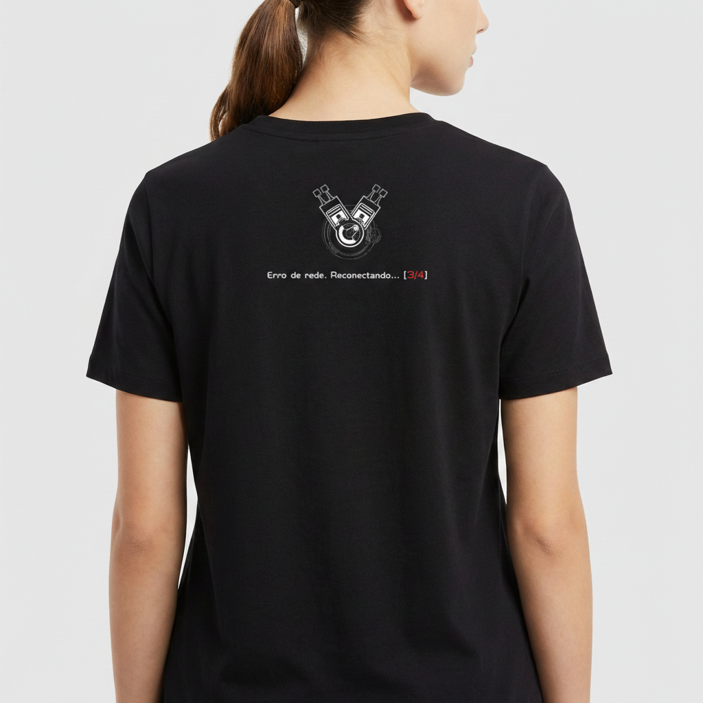 Camiseta com estampa traseira de dois cabos desconectados e uma engrenagem, acompanhados da inscrição "Erro de rede. Reconectando... [3/4]".