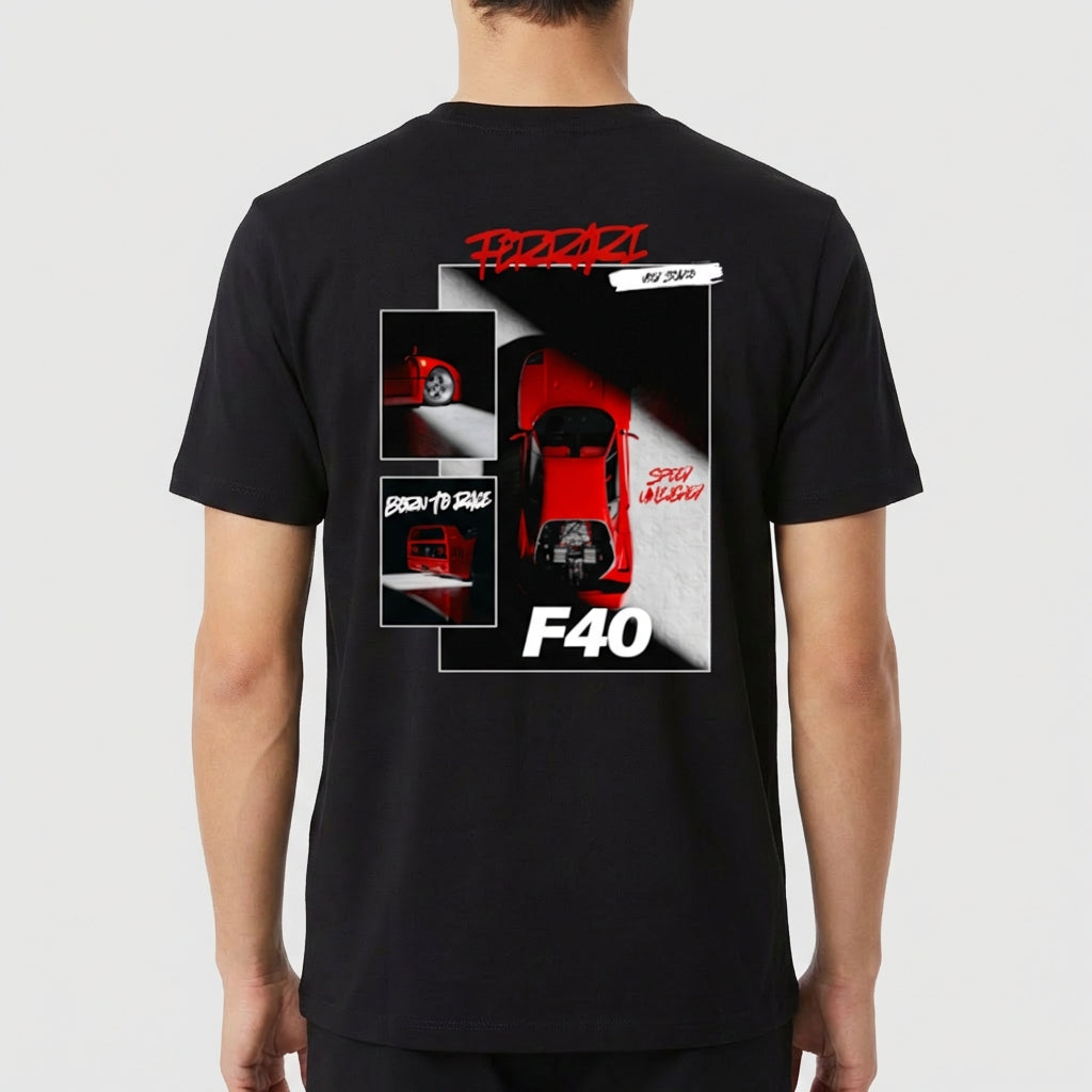 Camiseta com estampa frontal de carro esportivo em várias perspectivas, com textos estilizados, incluindo "F40", "Born to Race" e "Stay Inspired".